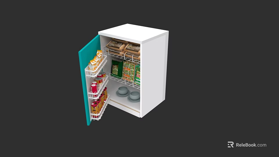White Kitchen Cabinet With Green Door For Food Storage And Dishes Organization 3d model 