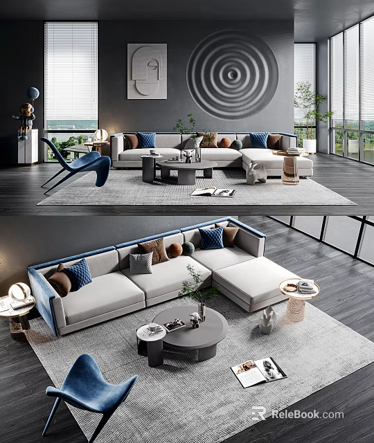 Modern Living Room Interior Featuring L Shaped Sofa Coffee Table Set With Decorative Pillows 3d model 