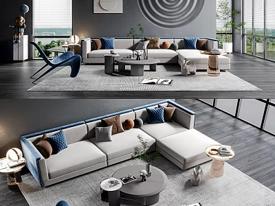 Modern Living Room Interior Featuring L Shaped Sofa Coffee Table Set With Decorative Pillows 3d model