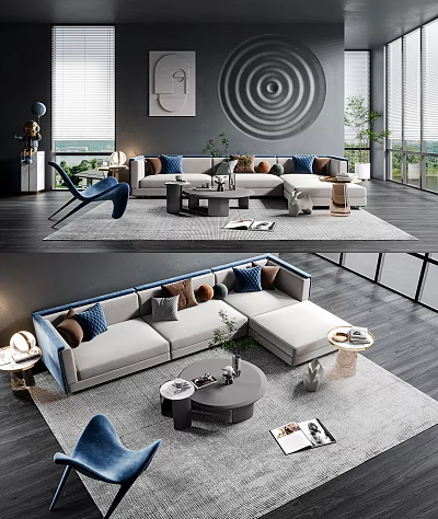 Modern Living Room Interior Featuring L Shaped Sofa Coffee Table Set With Decorative Pillows 3d model