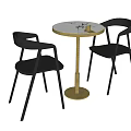 Modern Round Table and Black Chairs Set with Marble Top and Golden Stand
