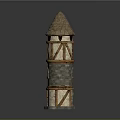 Medieval Style Tower With Conical Roof Stone Walls Wooden Frames And Small Windows