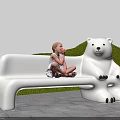 Polar Bear Shaped Landscape Bench With Girl Sitting On Green Grass Trees And Blue Sky