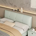 Light Green Leather Double Bed with Nightstands Minimalist Painting and Green Plant on Striped Rug