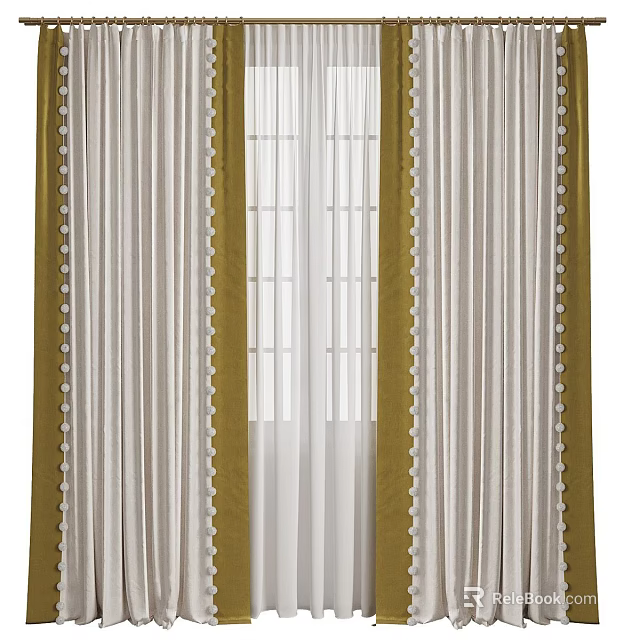Green And White Curtains With Scalloped Edges And Sheer Fabric For Home Decor 3d model 