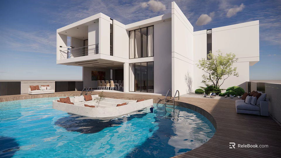 Modern Detached Villa With White Exterior Large Windows Swimming Pool And Terrace 3d model 