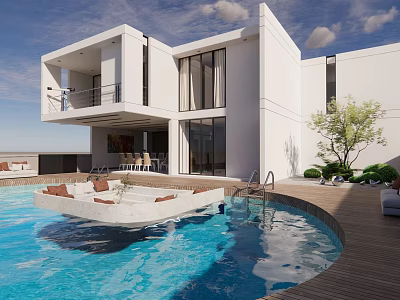 Modern Detached Villa With White Exterior Large Windows Swimming Pool And Terrace 3d model