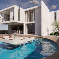 Modern Detached Villa With White Exterior Large Windows Swimming Pool And Terrace