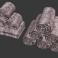 Soft Patterned Cotton Towels Rolled In Stack For Absorbent Bathroom Use