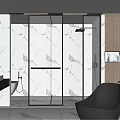 Modern Bathroom Interior With Marble Walls Glass Shower And Black Bathtub