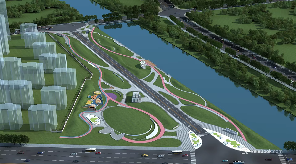 Scenic Urban Park Landscape With River Green Lawn Winding Pathways And High Rise Buildings 3d model 