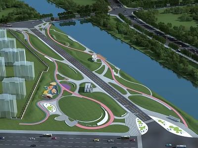 Scenic Urban Park Landscape With River Green Lawn Winding Pathways And High Rise Buildings 3d model
