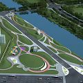 Scenic Urban Park Landscape With River Green Lawn Winding Pathways And High Rise Buildings