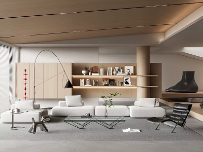 Modern Living Room Interior With White Sofa Wooden Bookshelf Floor Lamp And Coffee Table 3d model