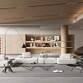 Modern Living Room Interior With White Sofa Wooden Bookshelf Floor Lamp And Coffee Table