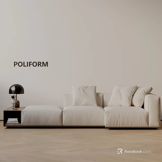 POLIFORM Modern Three Seater Sofa With Black Table Lamp Side Table And Light Wall 3d model