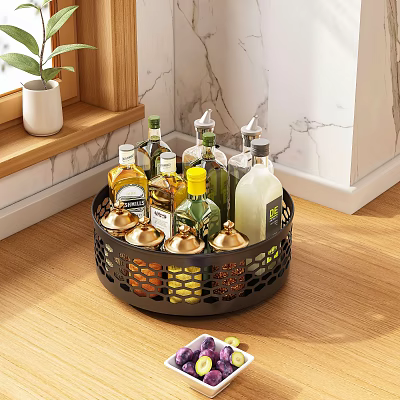 Kitchen Spice Bottles in Circular Black Organizer on Wooden Floor with Marble Wall 3d model