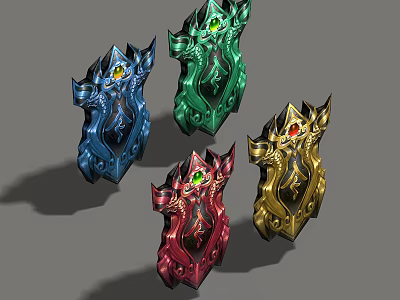 Four Colorful Fantasy Shields With Gemstones In Blue Green Red Gold Ornate Design 3d model