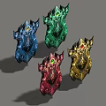 Four Colorful Fantasy Shields With Gemstones In Blue Green Red Gold Ornate Design