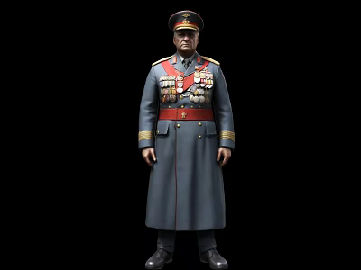 Realistic Game Movie Character in Military Uniform With Medals Long Coat and Cap 3d model