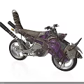 Unique Designed Motorcycle With Purple Decorative Patterns Horn Like Parts And Leather Seat
