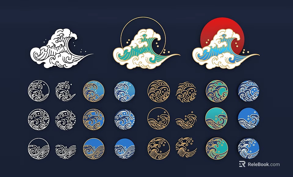 Traditional Modern Wall Decorations Featuring Wave Patterns and Circular Designs in Gold Blue Red 3d model