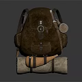 Brown Leather Backpack With Straps Pockets And Outdoor Rolled Blanket Accessory 3d model