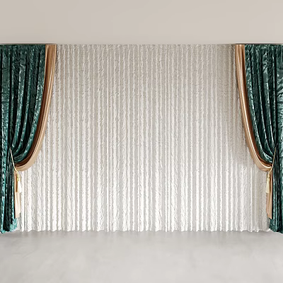Elegant Emerald Green Curtains With Gold Trim And White Pleated Window Treatment 3d model
