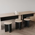 Modern Light Wood Dining Table Set With Black Storage Cabinets And Three Round Stools 3d model