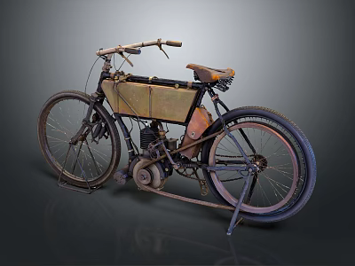 Vintage Bicycle With Engine Metal Frame Leather Seat And Support Stand 3d model