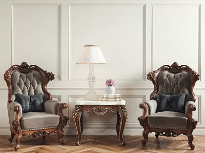 Ornate Leisure Sofa Set With Gray Upholstered Armchairs And Wooden Side Table 3d model