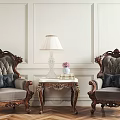 Ornate Leisure Sofa Set With Gray Upholstered Armchairs And Wooden Side Table