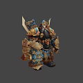 Fantasy Warrior Character Wearing Heavy Armor With Golden Blue Accents Spiked Shoulders And Long Beard