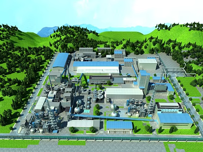 Aerial View of Industrial Plant Surrounded by Green Hills With Multiple Buildings and Industrial Equipment 3d model
