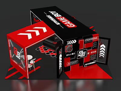 Red And Black Gamebox Display Shelf With Arrow Patterns And Geometric Decor 3d model
