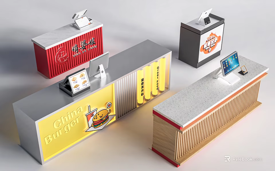 Stylish Modern Store Front Counters With Red Yellow Gray Finishes Logo Display And Cashier Devices 3d model 