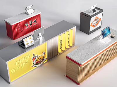 Stylish Modern Store Front Counters With Red Yellow Gray Finishes Logo Display And Cashier Devices 3d model