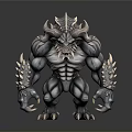 Muscular Monster Creature With Horned Head Fierce Facial Features Clawed Limbs And Spiked Fur Details