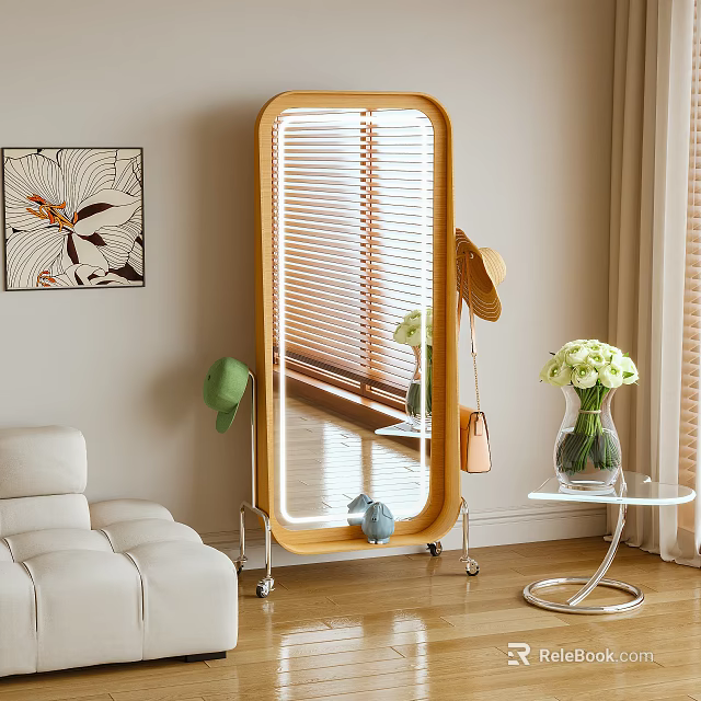 Full Length Wooden Frame Mirror In Living Room With Sofa Vase And Green Plants 3d model 