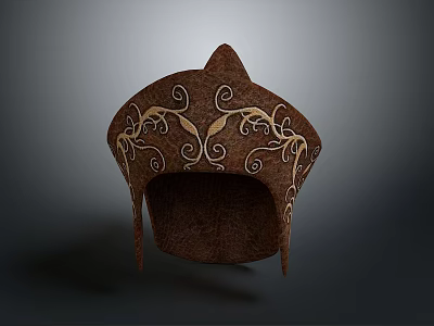 Decorative Brown Hat With Golden Curly Patterns And Traditional Design 3d model