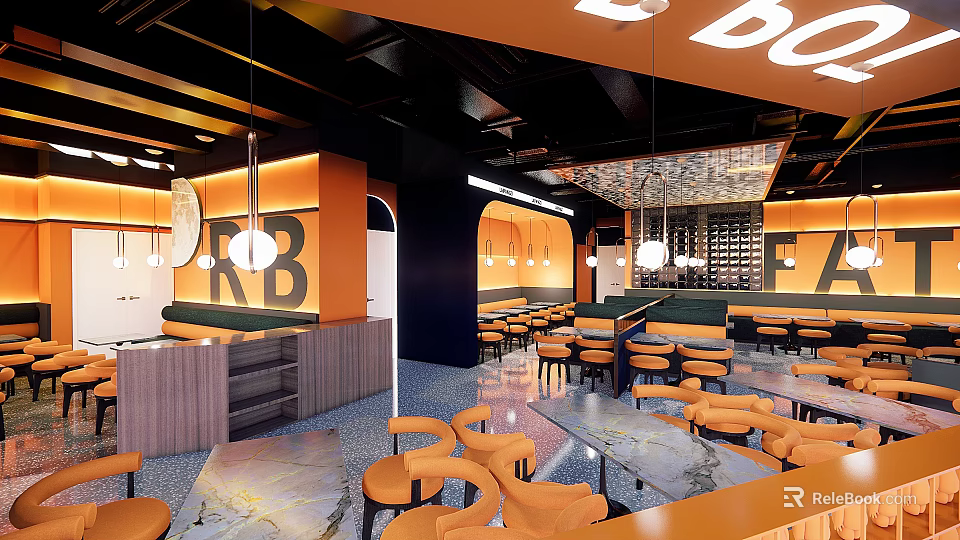 Orange Themed Restaurant Interior With Black Ceiling Marble Tables Pendant Lights And Letter Decor 3d model 