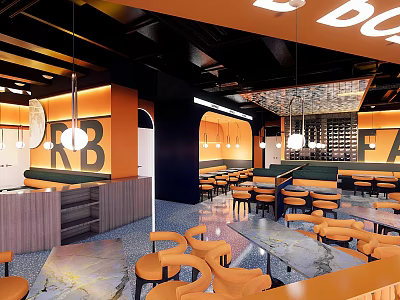 Orange Themed Restaurant Interior With Black Ceiling Marble Tables Pendant Lights And Letter Decor 3d model