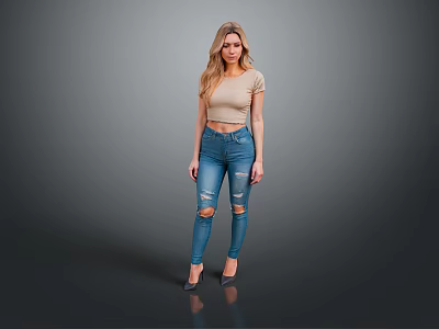 Woman In Beige Cropped Top And Blue Ripped Jeans Standing With Gray Background Reflective Floor 3d model