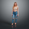Woman In Beige Cropped Top And Blue Ripped Jeans Standing With Gray Background Reflective Floor