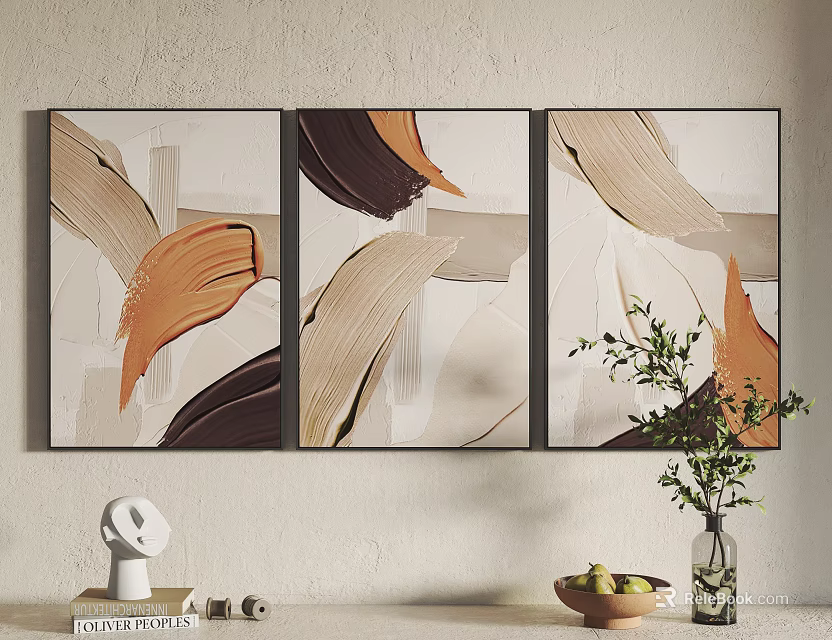 Warm Tone Abstract Paintings Triptych With Brush Strokes For Home Wall Decor 3d model