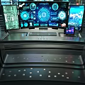 High Tech Control Room With Multiple Display Screens Glowing Circular Rings And Central Globe 3d model
