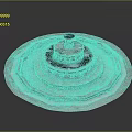 Circular Outdoor Fountain With Multi tiered Stone Structure And Pink Border