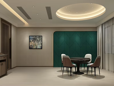 Private Dining Room With Green Textured Wall Circular Ceiling Light Wooden Table And Leather Chairs 3d model