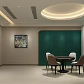 Private Dining Room With Green Textured Wall Circular Ceiling Light Wooden Table And Leather Chairs