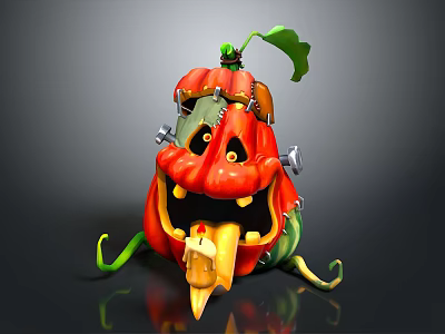 Pumpkin Themed Game Character With Green Leaves Red Orange Body Yellow Fangs Metal Parts And Vines 3d model